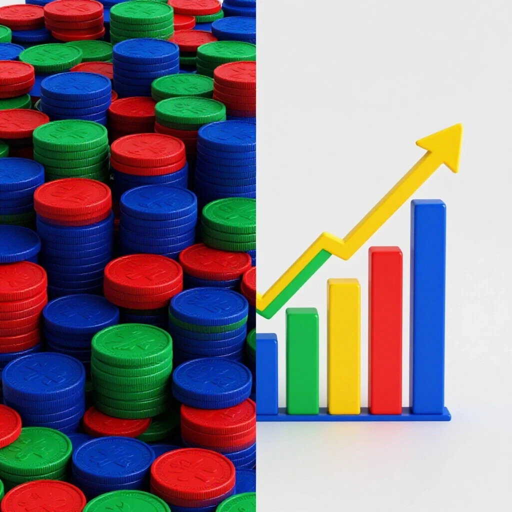 A split-image showing a stack of colorful coins representing cost on the left and a vibrant graph symbolizing value on the right.