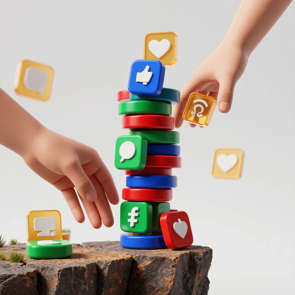 A stack of colorful social media icons teetering on the edge of a cliff with a steadying hand.
