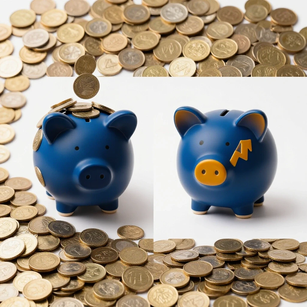 A visual representation contrasting a chaotic piggy bank spilling coins with a balanced piggy bank showing a rising chart, symbolizing effective budgeting.