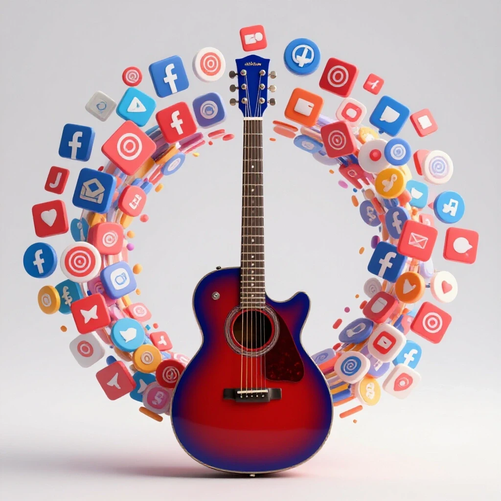 A vibrant guitar surrounded by colorful social media icons, representing the fusion of music and advertising.