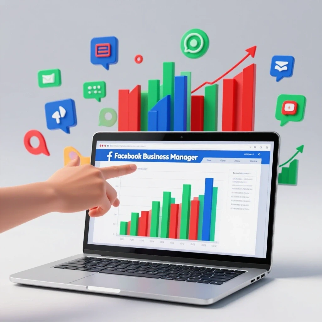 A laptop showing Facebook Business Manager surrounded by colorful graphs symbolizing social media growth.