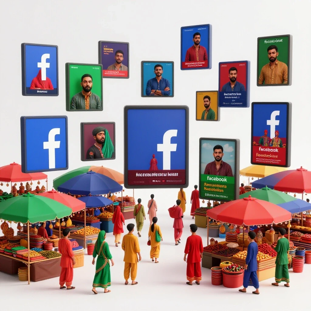 A colorful and dynamic scene of a Bangladesh marketplace with stylized video frames displaying vibrant ads.