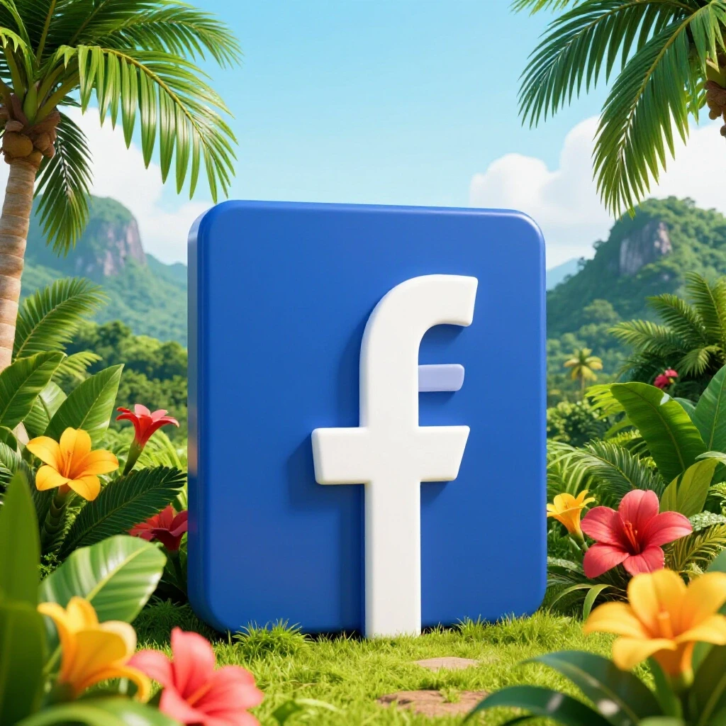 A vibrant, colorful Facebook logo surrounded by tropical leaves and flowers against a beautiful Philippine landscape.