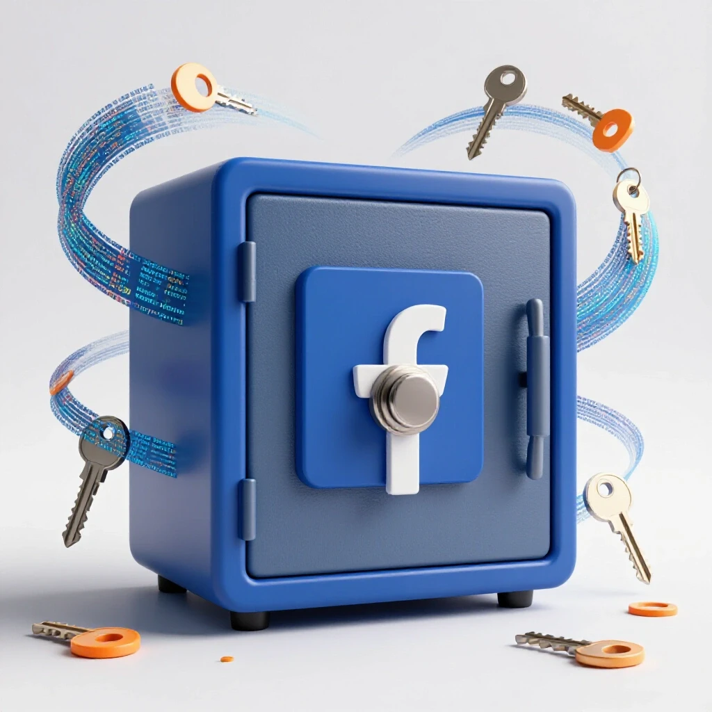 A blue Facebook logo designed as a locked safe, surrounded by swirling keys and digital elements, symbolizing ad access without an account.