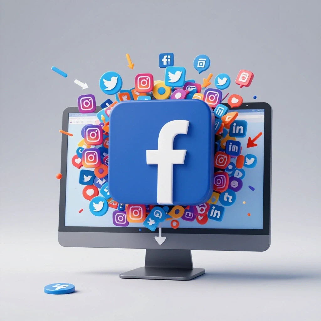 Vibrant Facebook logo emerging from a computer screen, surrounded by colorful social media icons.