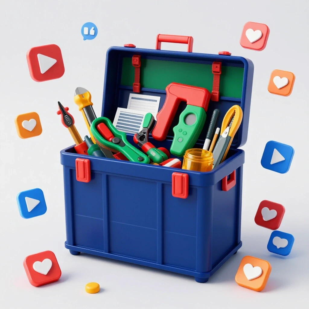 A vibrant toolbox overflowing with colorful digital tools and templates in front of social media icons.