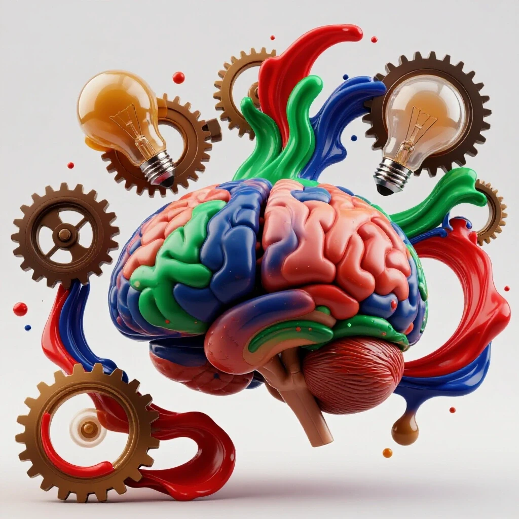 A brain emerging from vibrant paint, surrounded by gears and lightbulbs to symbolize creative rejuvenation.