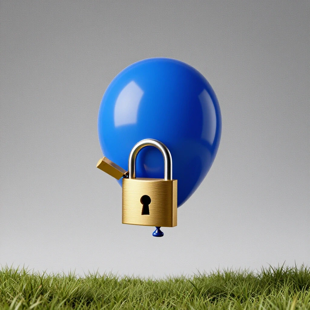 A vibrant balloon with a floating open lock above it in a serene landscape, representing the unlocking of creativity.