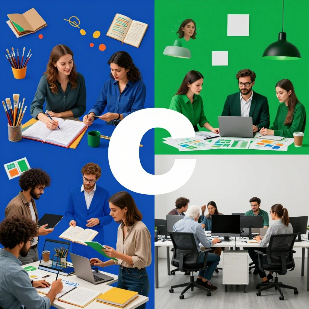 Visual split-image of a vibrant creative workspace versus a structured corporate office environment.