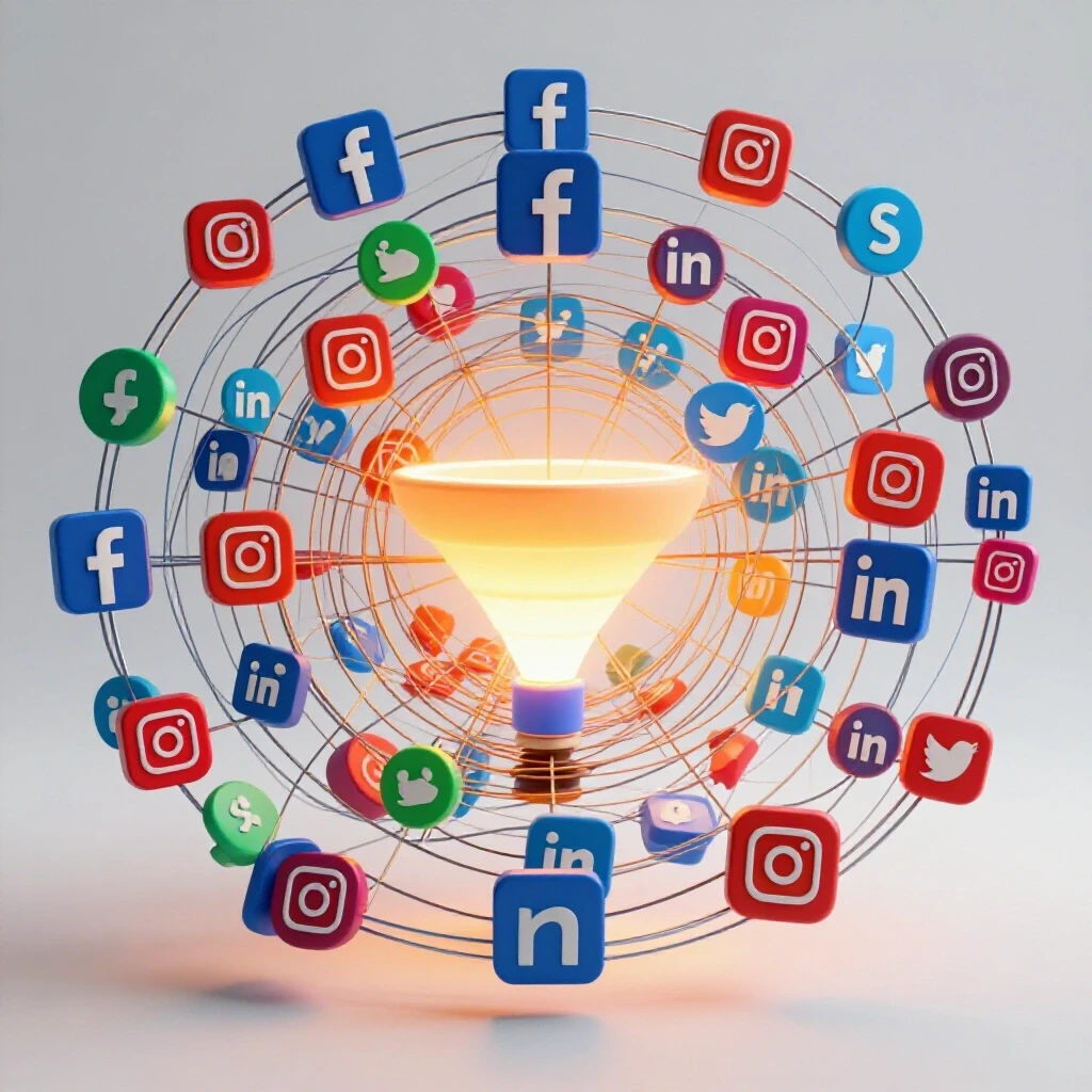 A visual representation of a chaotic web of social media icons leading to a bright CRM funnel, symbolizing lead follow-up challenges.