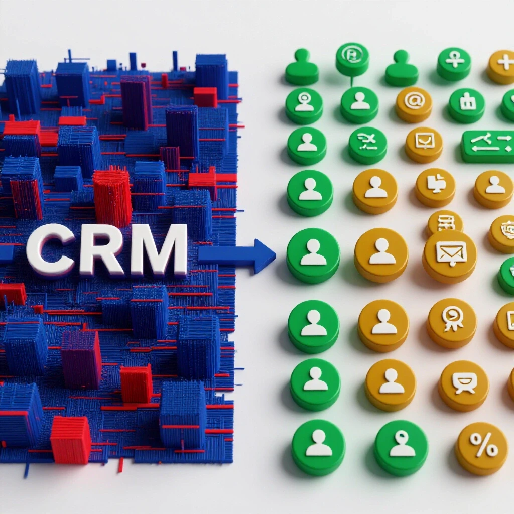 An illustration contrasting chaotic digital landscape with organized social media icons, symbolizing CRM sync solutions.