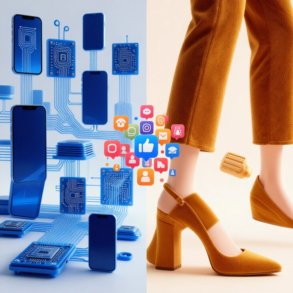 A dynamic split-screen image showcasing the contrast between technology and fashion industries, with social media icons emerging at the center.