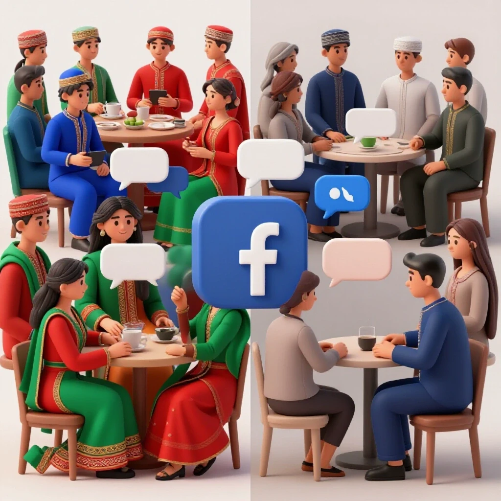 A split scene showcasing vibrant cultural gatherings and a subdued setting, symbolizing Facebook interaction.