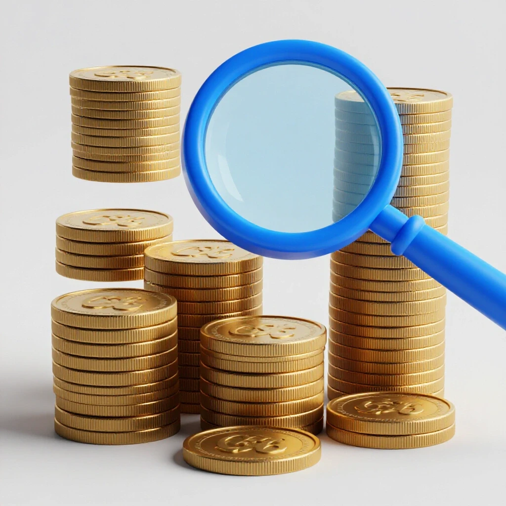 A bright blue magnifying glass hovering over muted gold coins, illustrating customer acquisition cost analysis.