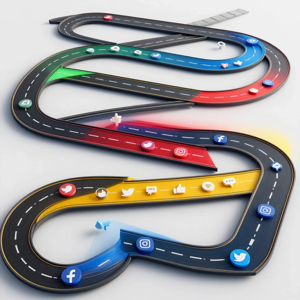 A colorful 3D-rendered winding road symbolizing the customer journey in social media with icons representing engagement and social platforms.