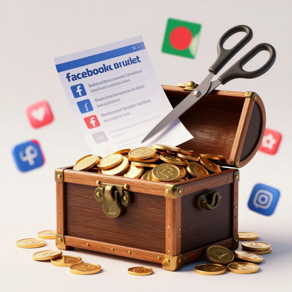 A treasure chest overflowing with coins, surrounded by Bangladeshi symbols and social media icons, with scissors cutting through an ad budget.