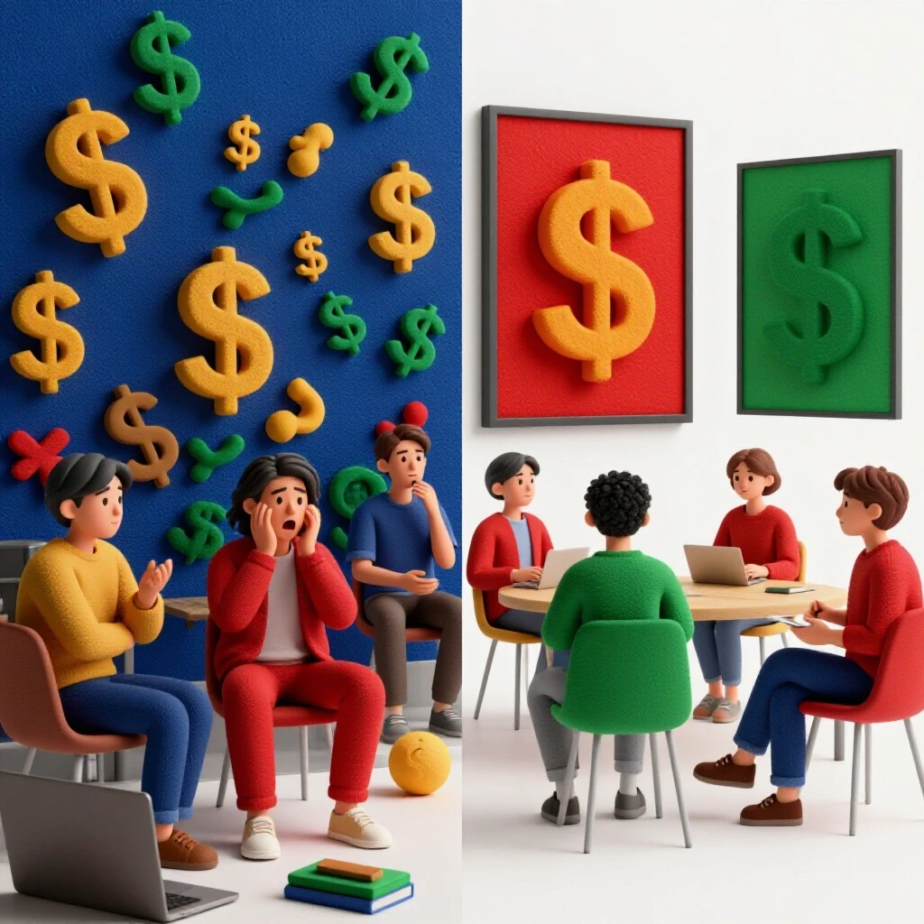A split-image showing a chaotic ad environment on one side and a calm, focused ad space on the other, depicting contrasting ad strategies.