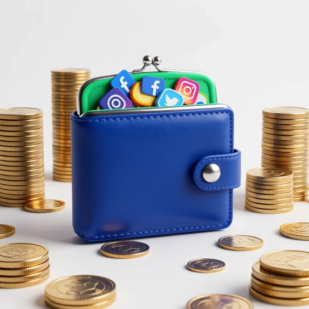 A vibrant blue wallet overflowing with social media icons, contrasted by a diminishing stack of coins on a clean, white background.