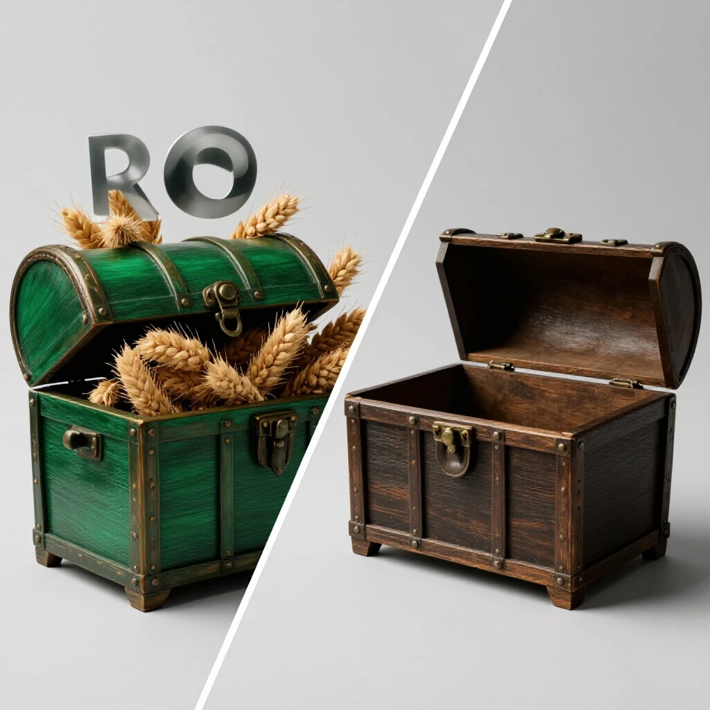 A split image showing a vibrant overflowing treasure chest on the left and a barren empty chest on the right, symbolizing ad budgets impact on ROI.