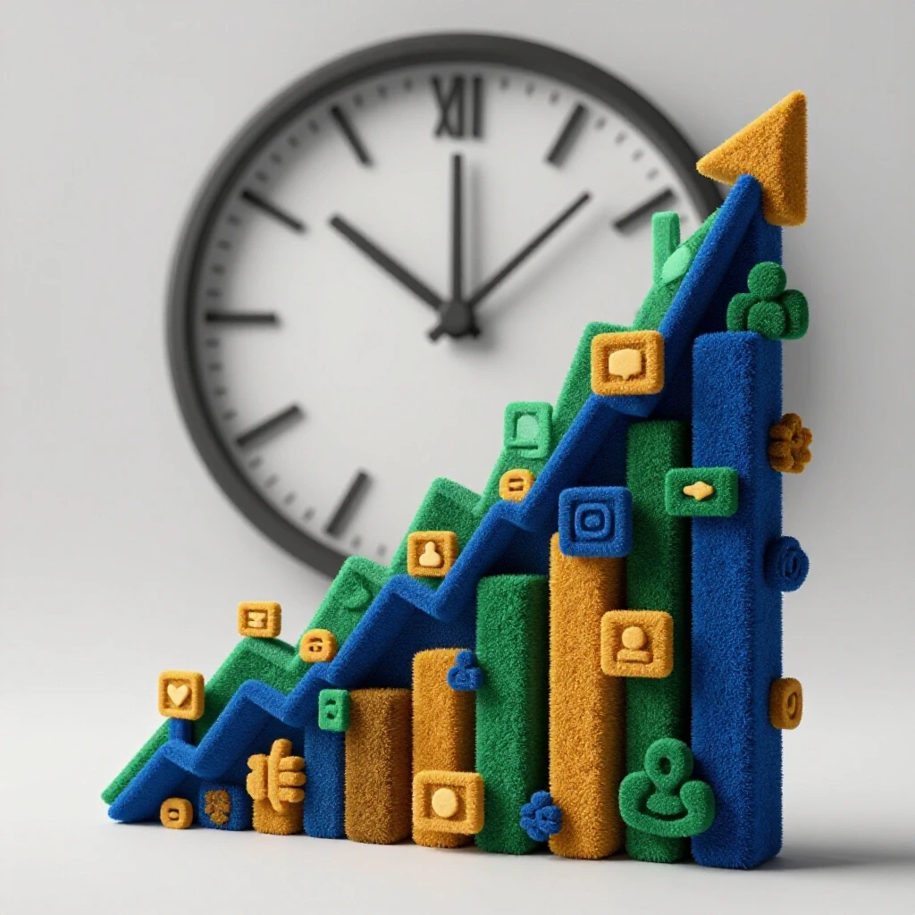 A dynamic graph ascending steeply with vibrant social media icons and a spinning clock in the background, symbolizing engagement growth.