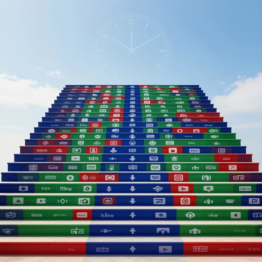 A vibrant staircase made of social media icons rising into a bright sky, symbolizing growth and authority.