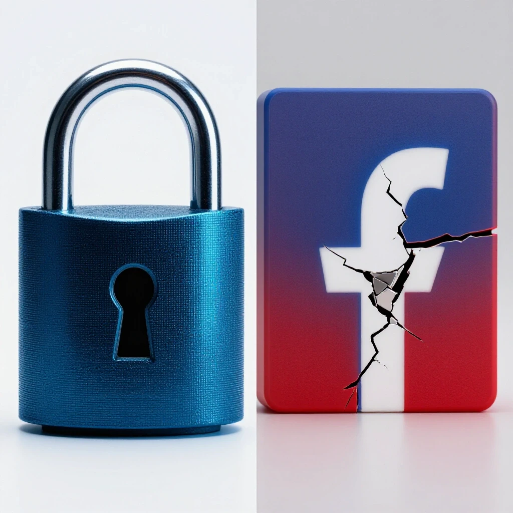 A split image showing a digital lock and shield for data privacy beside a fractured Facebook logo, set against a bright background.