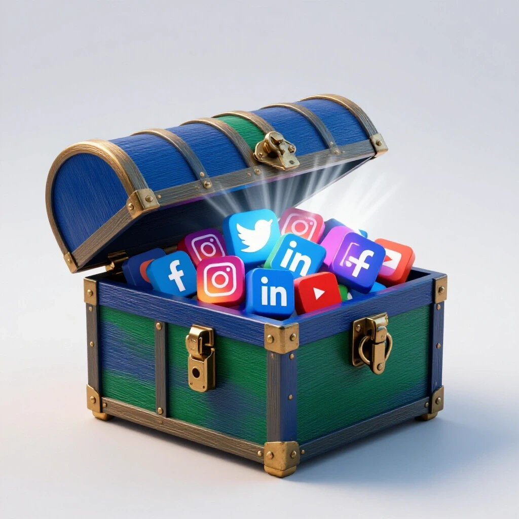 A vivid 3D treasure chest filled with bright social media icons against a light grey background, symbolizing unlocking ad potential.