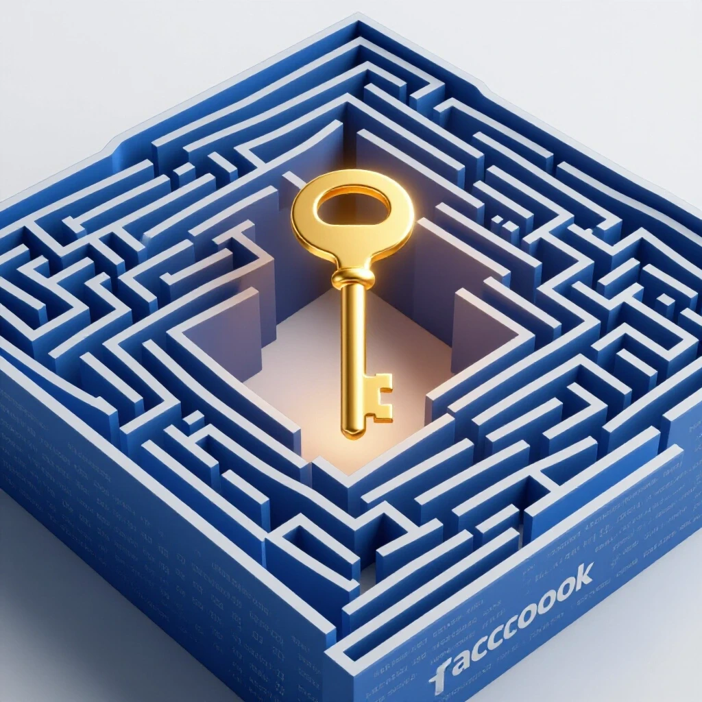 A 3D-rendered image of a digital maze in Facebook's blue, featuring a large golden key at the center, symbolizing error code decoding.