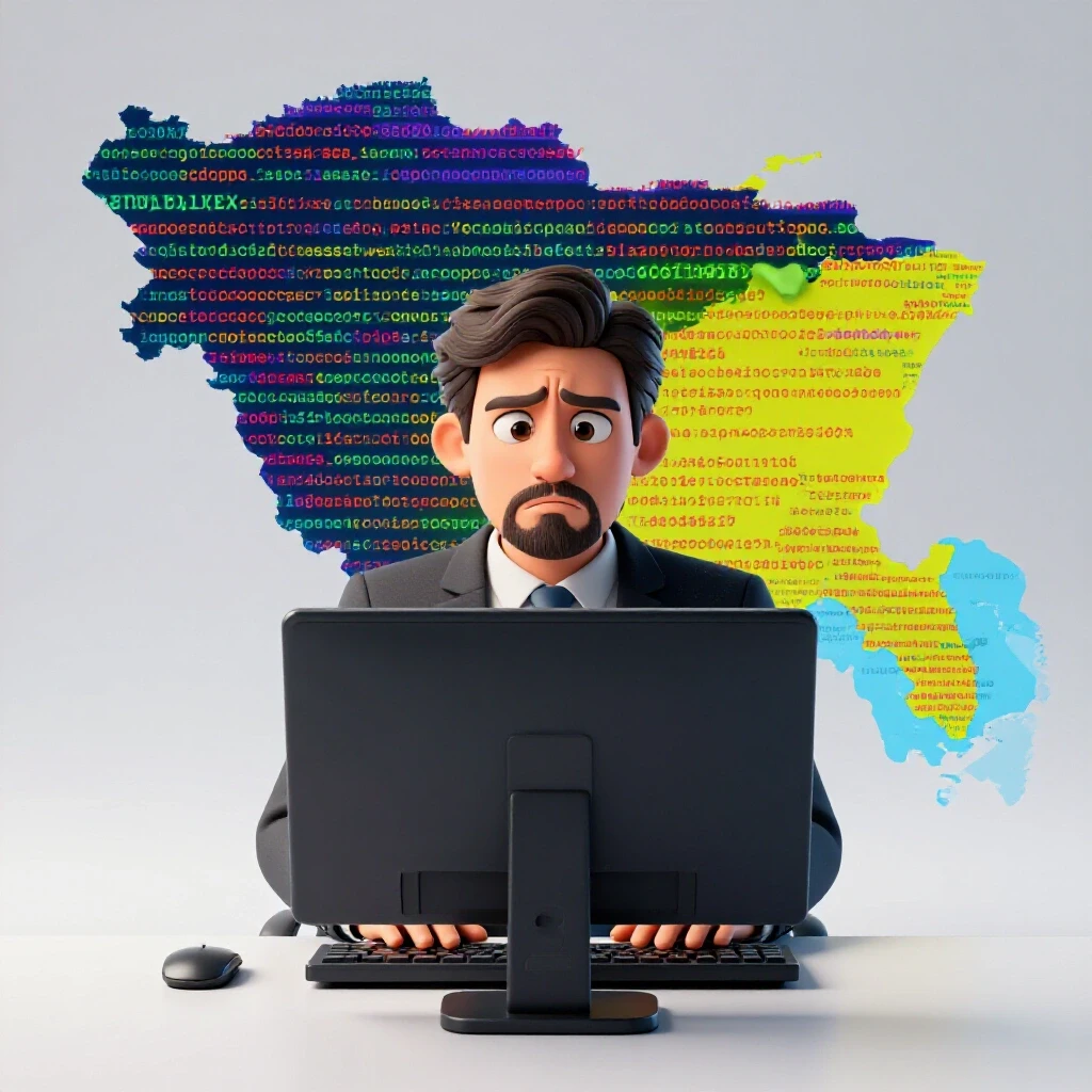 A confused business owner in front of a computer with error codes, vibrant Bangladesh map in the background.