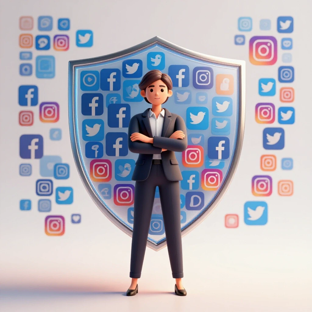 A business professional stands confidently in front of a transparent shield of social media icons representing strategy and protection.