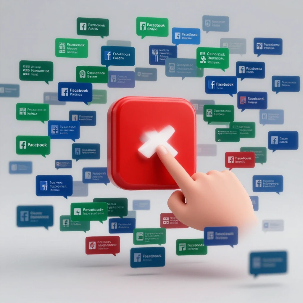 A giant red delete button surrounded by fading Facebook ads and notifications, representing digital decluttering.