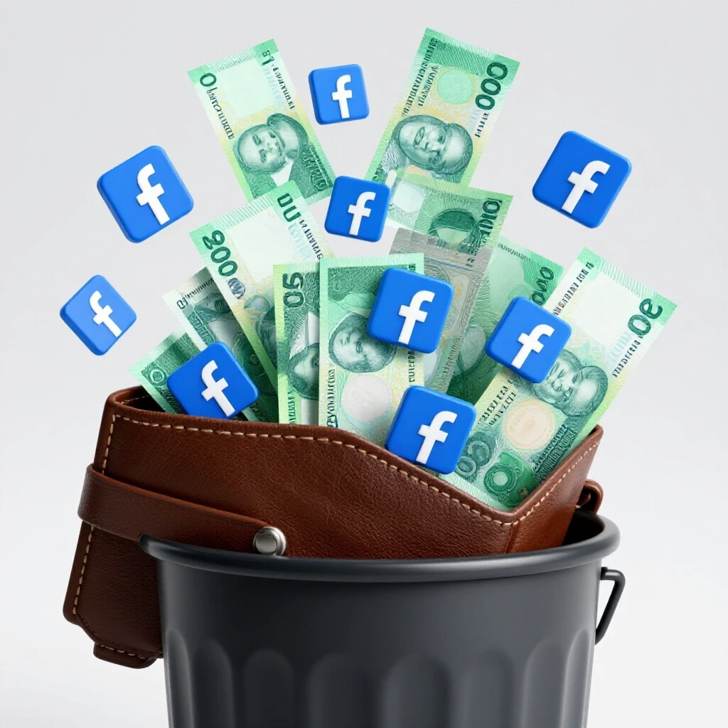 A large wallet overflowing with Philippine currency and Facebook logos being emptied into a trash can.