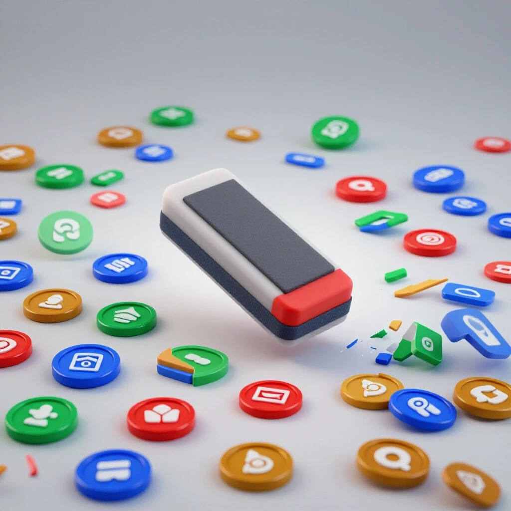 A digital eraser hovers above colorful ad icons on a virtual desktop, suggesting deletion of ad activity.