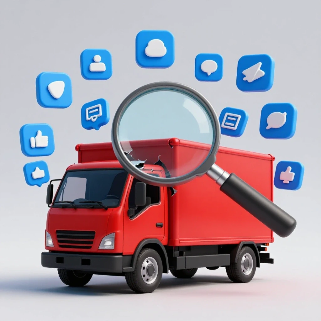 A broken red delivery truck surrounded by blue social media icons and a magnifying glass highlighting damage.