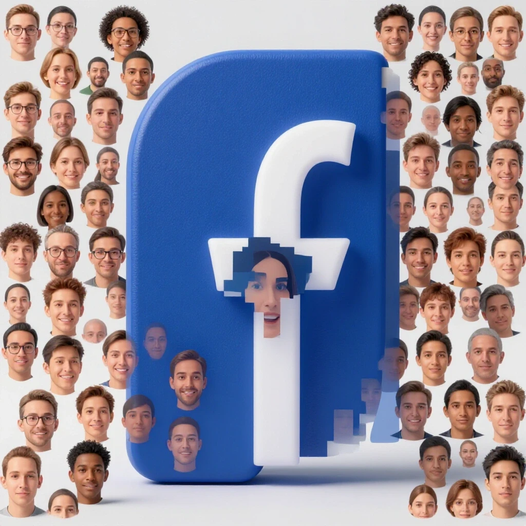 A large, open Facebook logo with fragmented, pixelated faces representing demographic data exposure against a bright background.