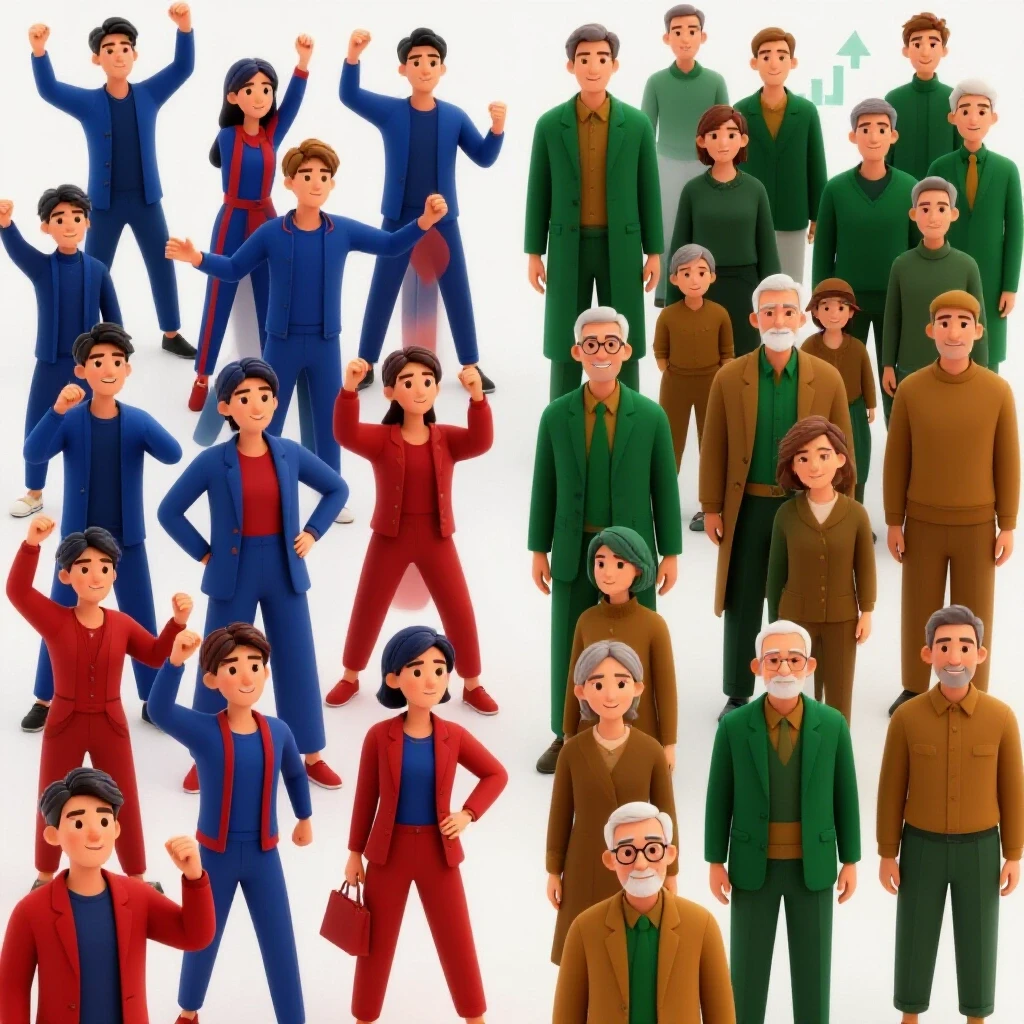 Split image contrasting a vibrant youthful crowd on one side with an older demographic on the other, symbolizing demographic shifts.
