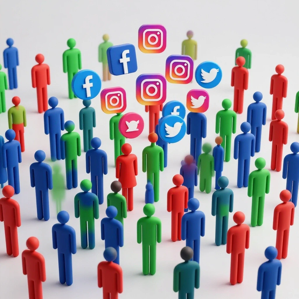 Diverse group of stylized figures with floating social media icons representing demographic targeting for Facebook ads.