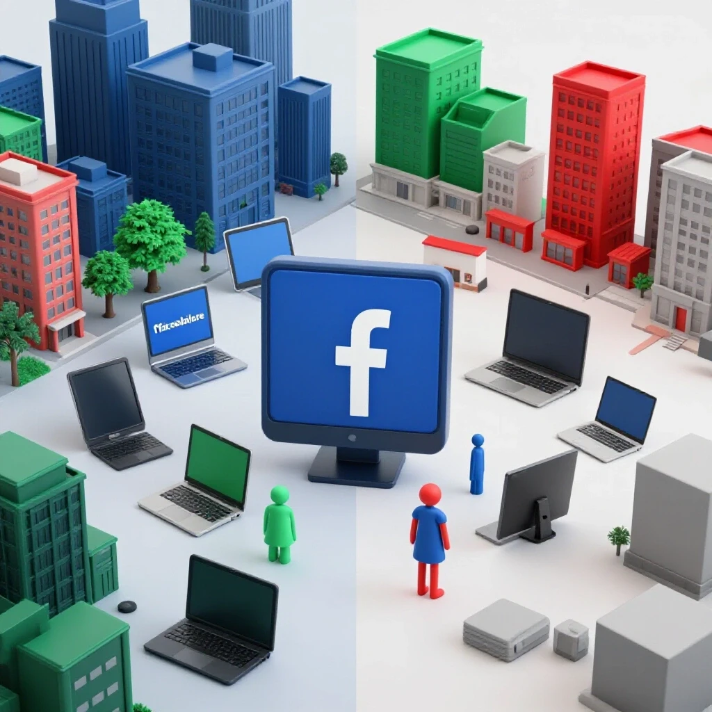A split composition showing a bustling urban environment contrasted with empty rental spaces, symbolizing Facebook Marketplace demographics.