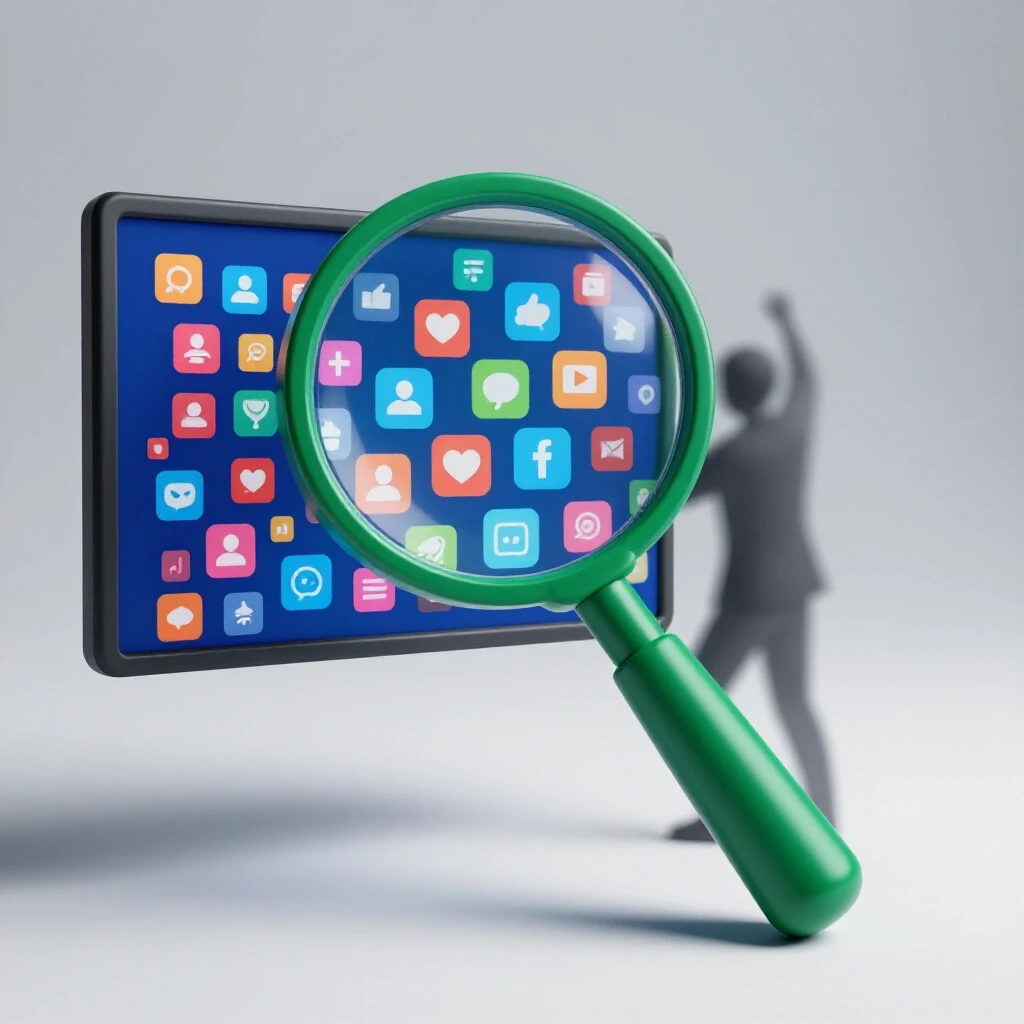 A magnifying glass inspecting a digital screen full of colorful social media icons, with a shadowy figure in the background.