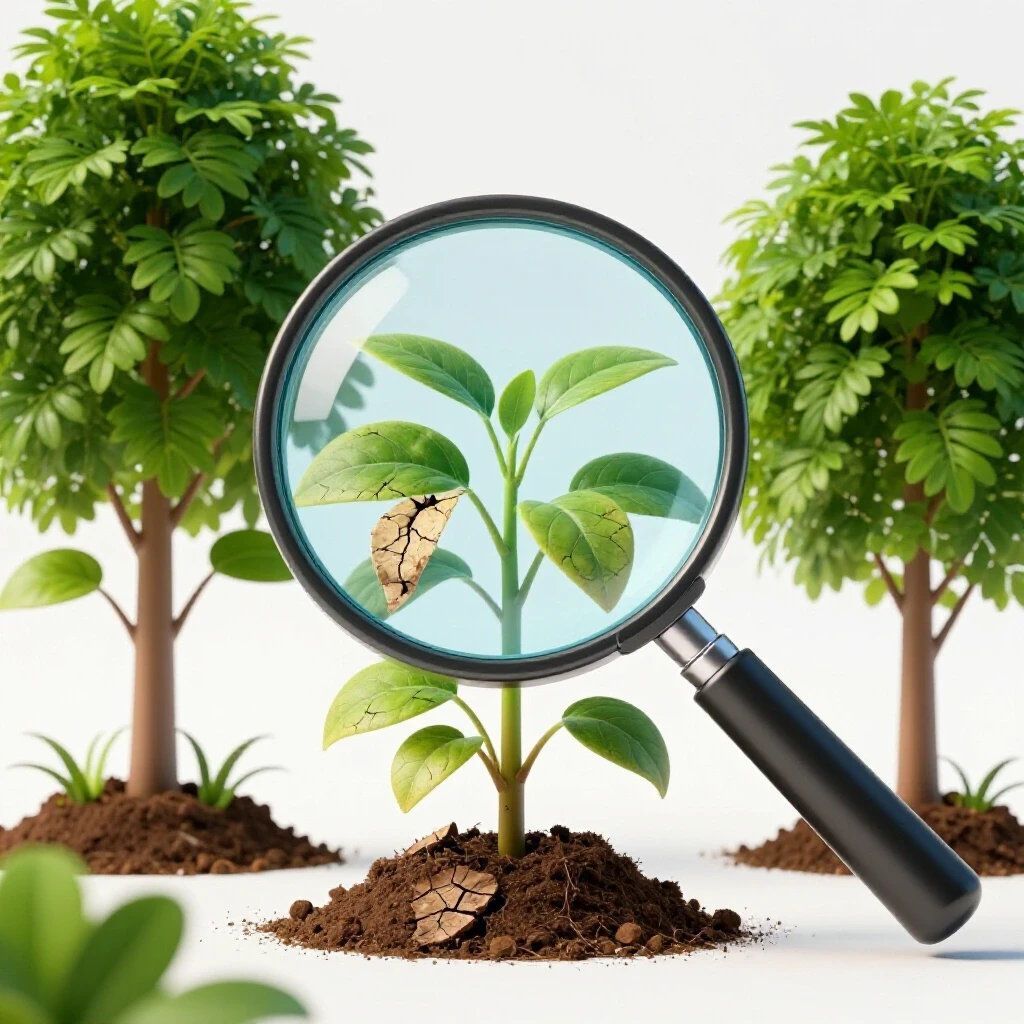 A magnifying glass over a cracked, wilted plant surrounded by vibrant foliage symbolizing social media growth challenges.