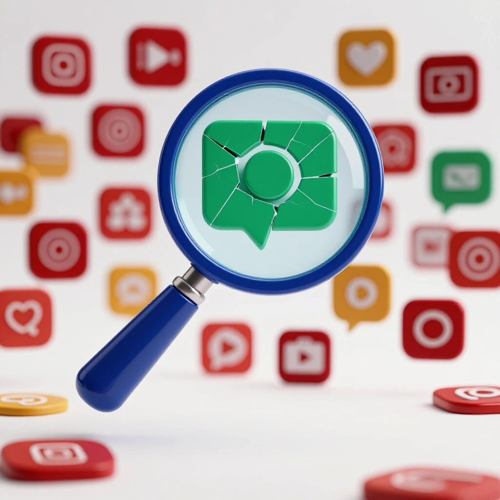A magnifying glass examines a fractured social media icon, with blurred logos in the background, representing diagnostic complexity.
