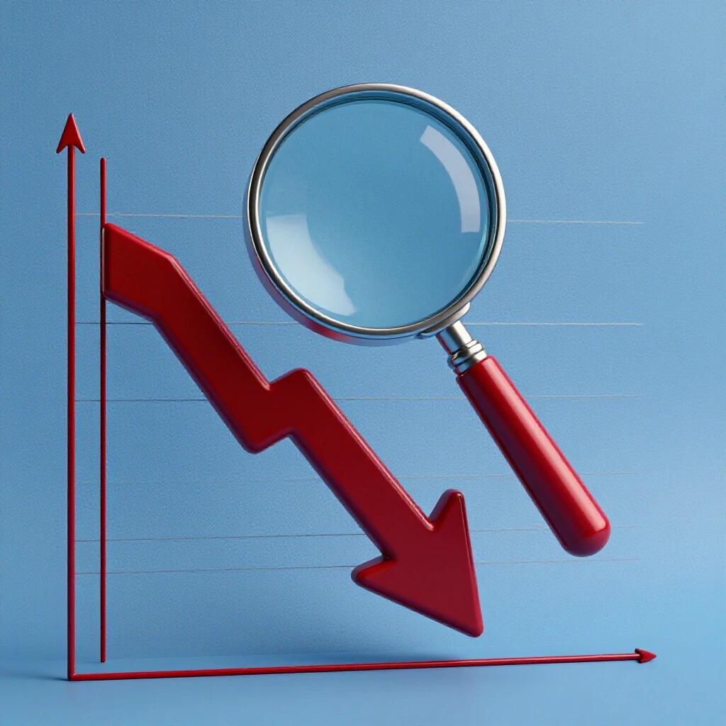 A vivid downward-pointing graph with a magnifying glass representing social media metrics analysis.