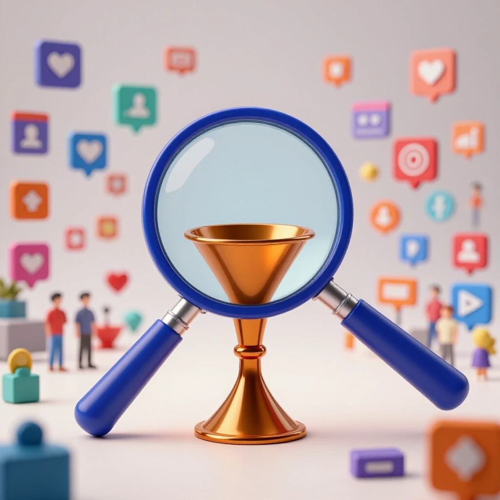 A magnifying glass focusing on a small funnel in a colorful social media landscape, symbolizing low lead volume.