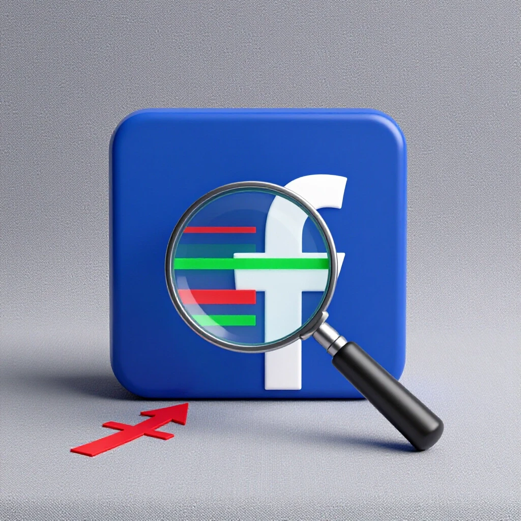 A vibrant 3D image featuring a large Facebook logo and a magnifying glass over a highlighted display link, symbolizing engagement.