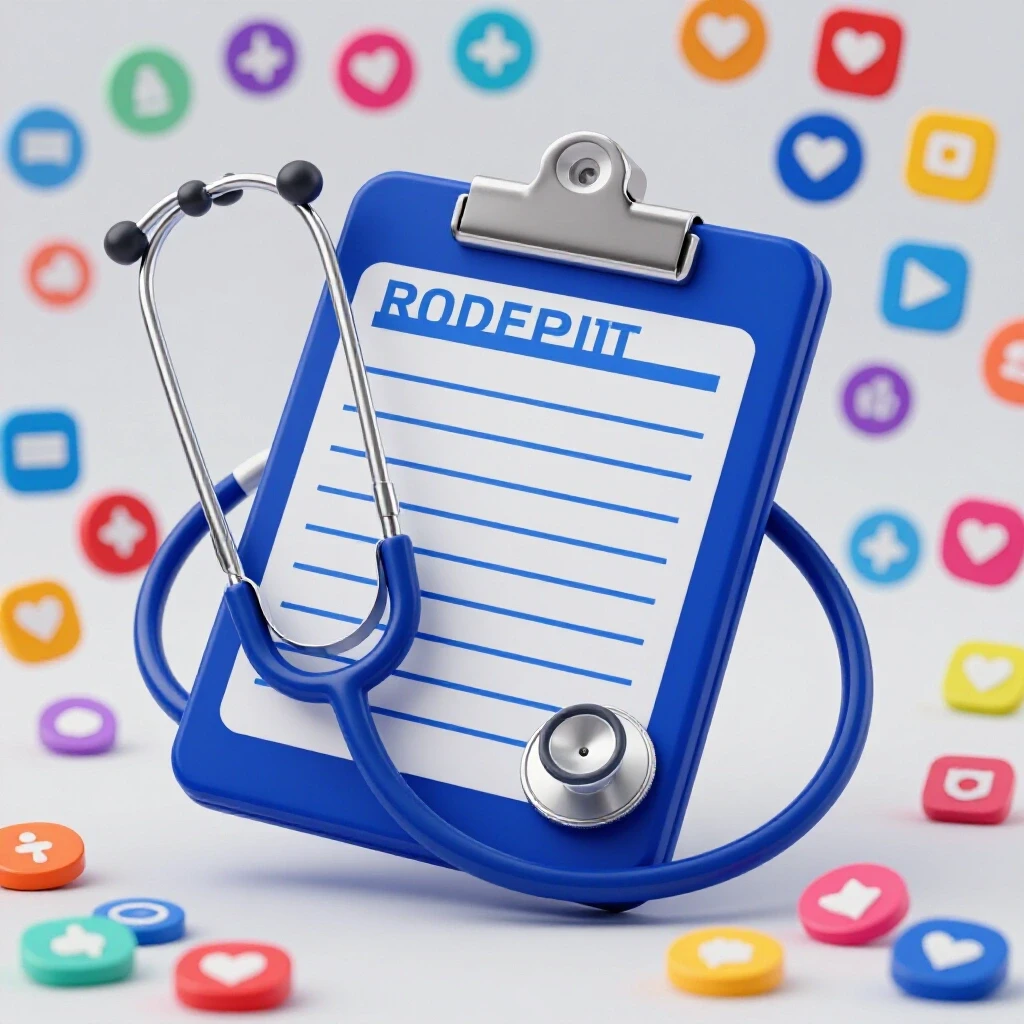 A vibrant prescription pad with a stethoscope on a light background filled with colorful social media icons.