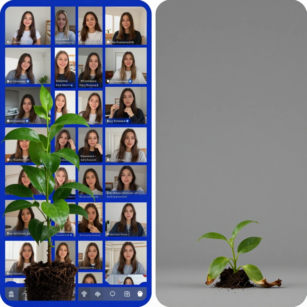 A split-image showing a vibrant social media feed filled with engagement contrasted against an empty, lifeless feed to depict the effects of follower strategies.