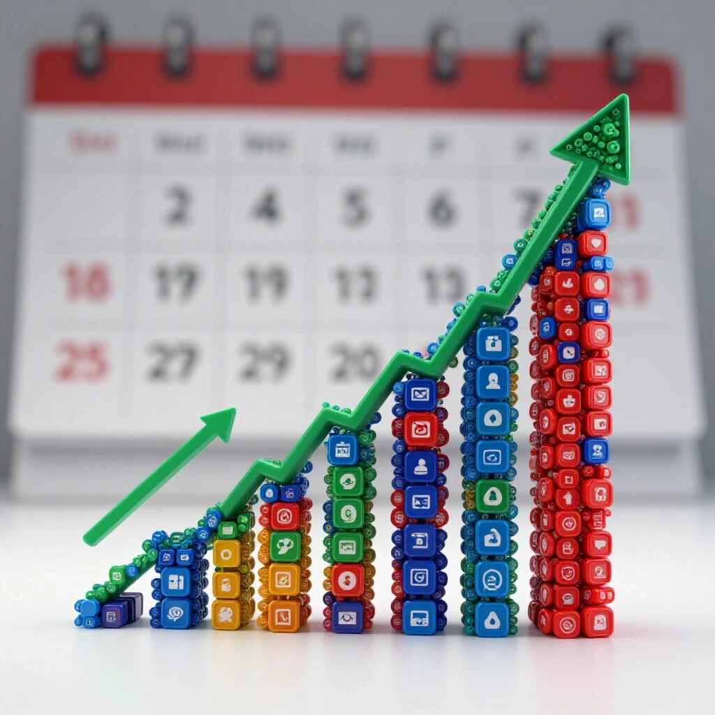 A 3D-rendered image illustrating an upward-trending graph made of vibrant social media icons against a blurred calendar background.