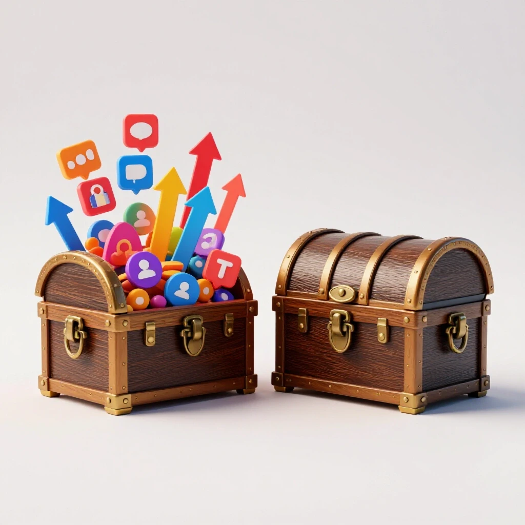 Two treasure chests representing ad budgets, one surrounded by vibrant social media icons and growth symbols.