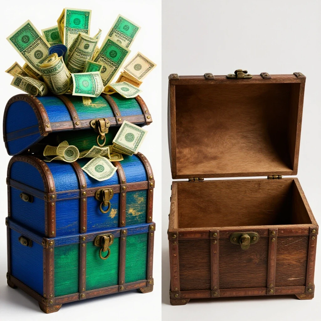 A split image showing a vibrant treasure chest overflowing with riches on one side and an empty chest on the other, symbolizing budget transformation.