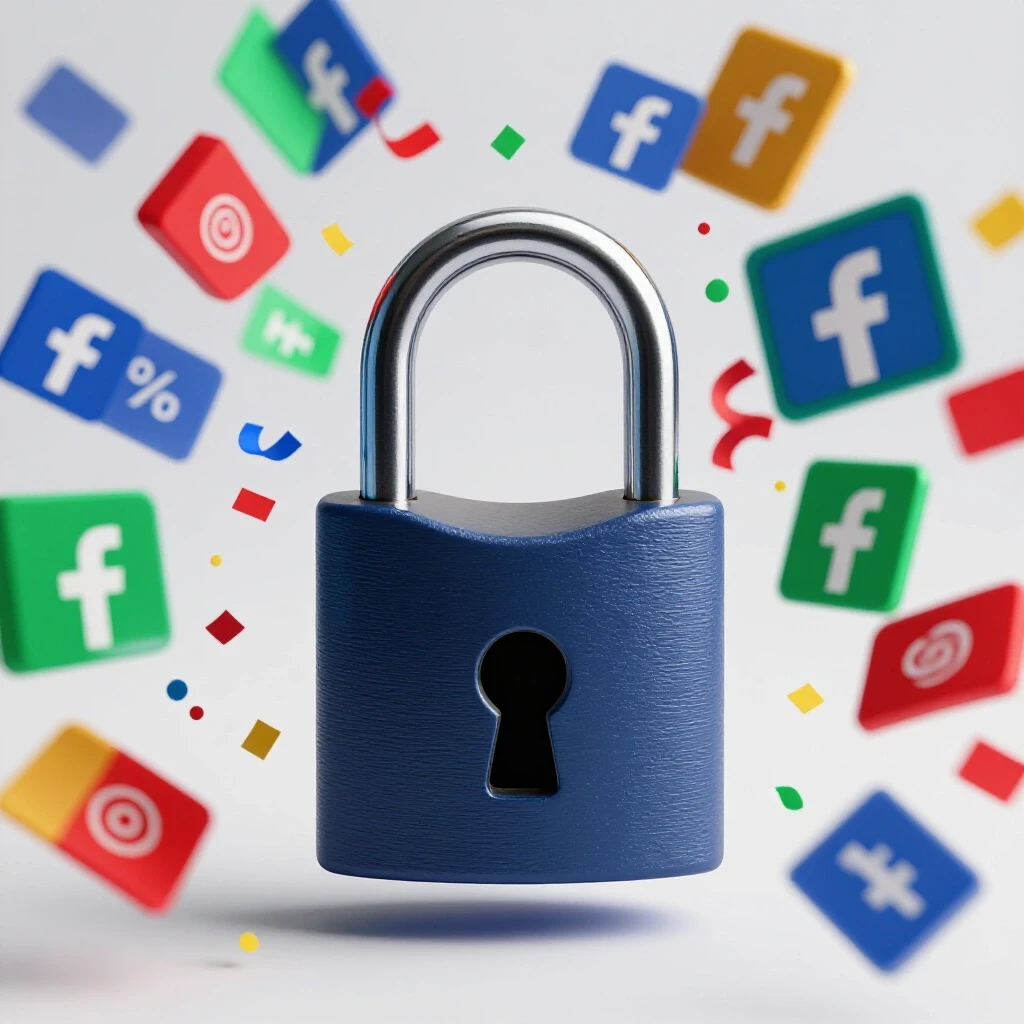 A vibrant open padlock surrounded by colorful Facebook ad visuals representing engaging content